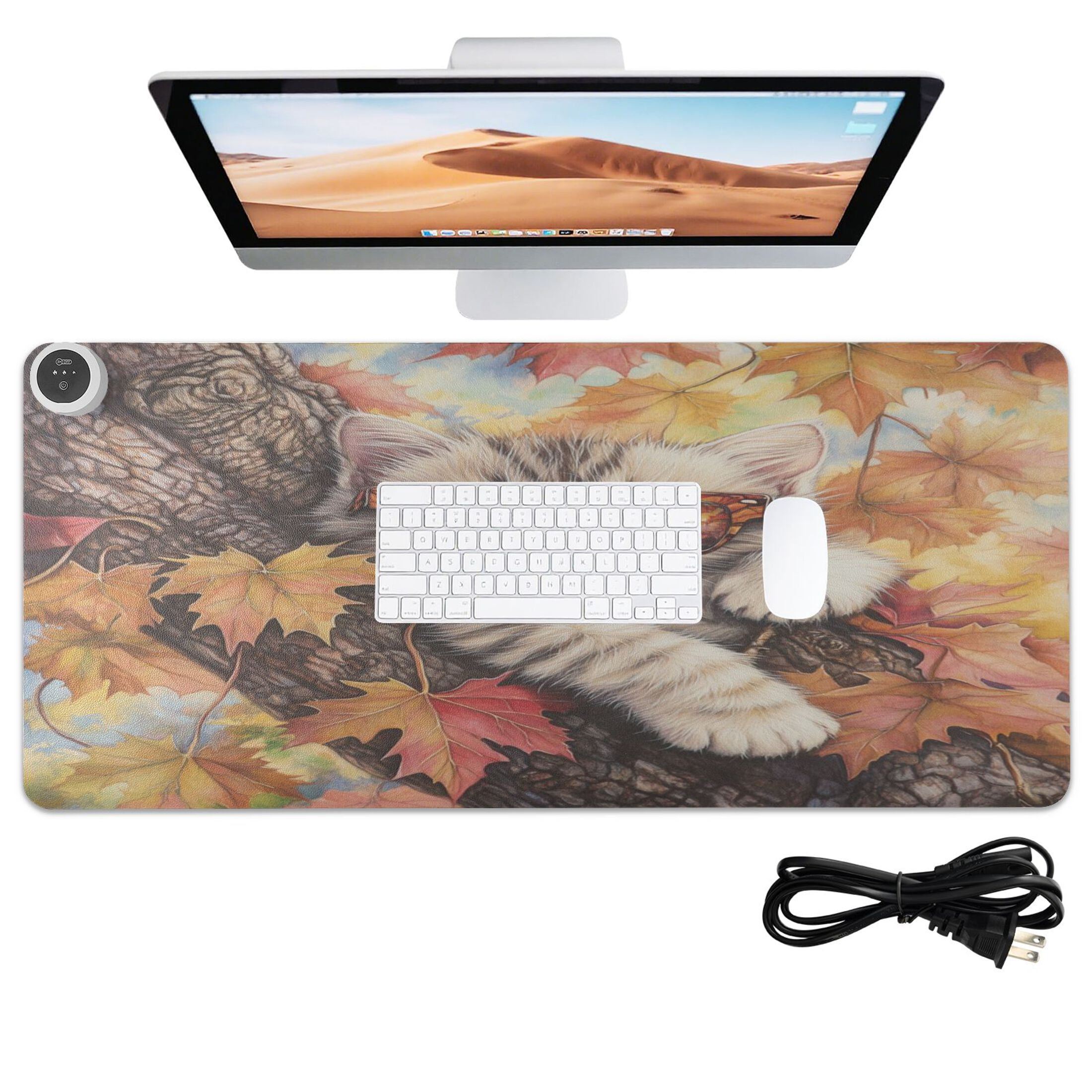 Wobogo Maple Leaf Cat Heated Mouse Pad Extra-Large Desk Mat With 3 Heating Levels and 3-hour Auto Shut-Off Protection Ideal for Computer Keyboards Home Office Hand-warming Essential 31.5in × 13in