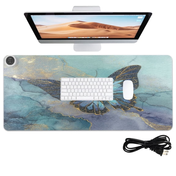 Wobogo Marble Butterfly Heated Mouse Pad Extra-Large Desk Mat With 3 Heating Levels and 3-hour Auto Shut-Off Protection Ideal for Computer Keyboards Home Office Hand-warming Essential 31.5in  13in