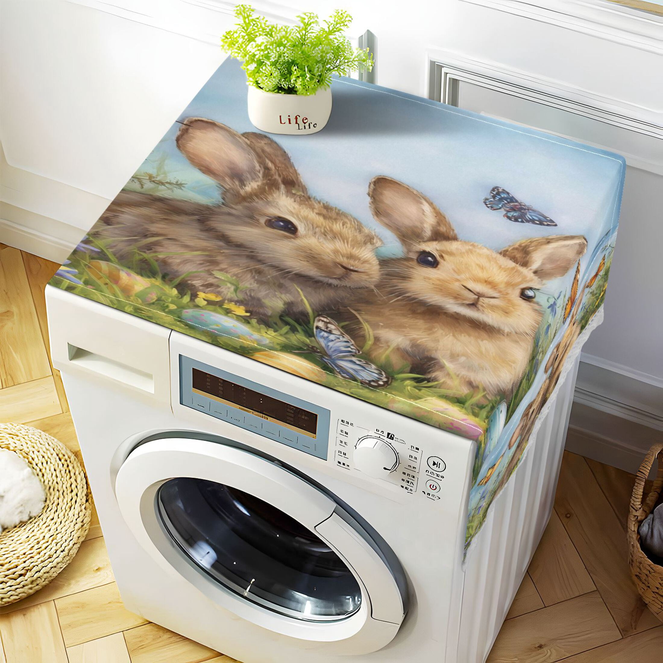 Wobogo Meadow Bunny Washing Machine Cover Dustproof Washer Dryer Cover Waterproof Laundry Room Decorative Protector