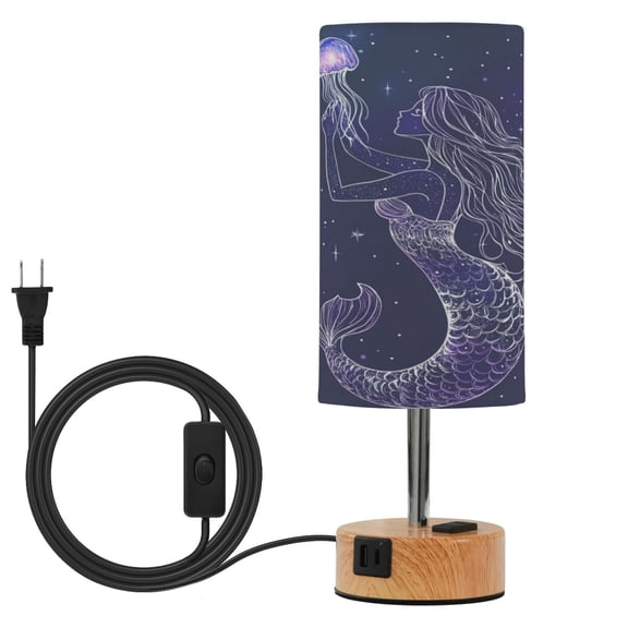 Wobogo Mermaid and Jellyfish Bedside Lamp Touch Control Table Lamp with USB A+C Charging Ports & AC Outlet 3-Way Dimmable Nightstand Lamp with Linen Fabric Shade for Bedroom Living Room