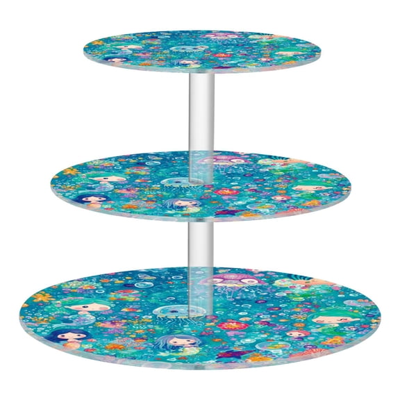 Wobogo Mermaid Jellyfish Colorful Patterns 3 Tier Acrylic Cake Stand with Clear Round Hold for Wedding Holiday Birthday Baby Shower Tea Party