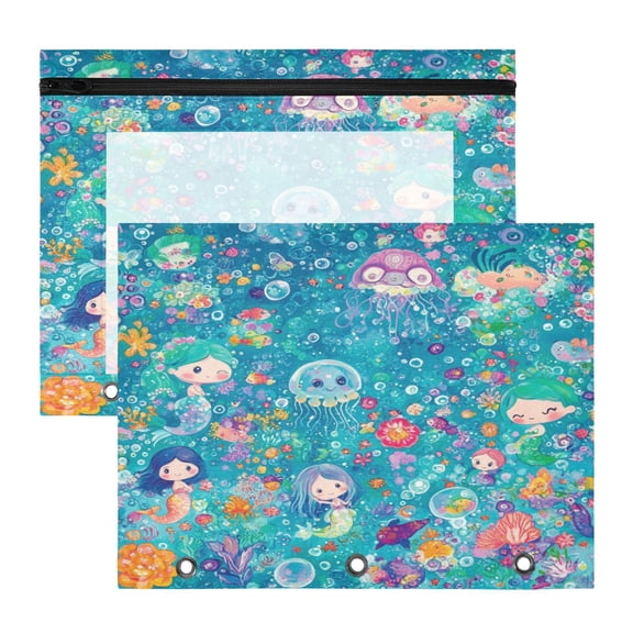 Wobogo Mermaid Jellyfish Colorful Patterns A4 Size Clear Polyester File Pocket Set of 2 Zipper Home Work Office Organizer