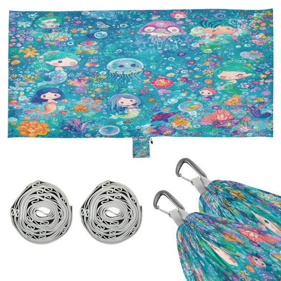 Wobogo Mermaid Jellyfish Colorful Patterns Camping Hammocks 330 lb Capacity with Tree Straps and Hanging Pockets for Outside Hiking Beach Backpack Travel
