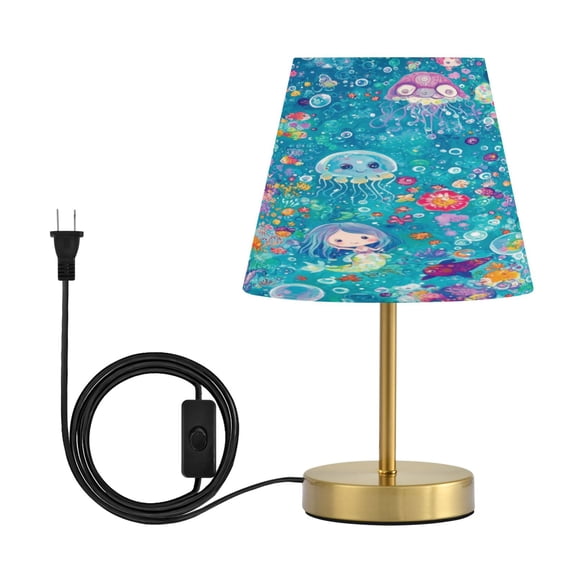 Wobogo Mermaid Jellyfish Colorful Patterns Table Lamps Three-channel Adjustable Lighted Antique Brass Metal Base Simple Modern Style for Bedroom Nightstands Living Room and Office