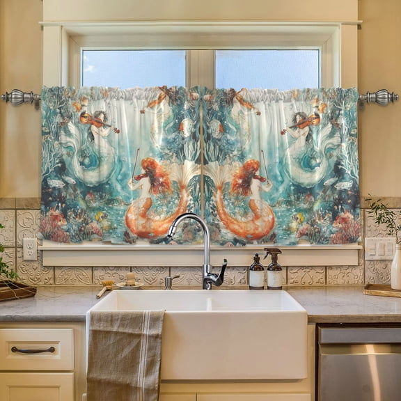 Wobogo Mermaid Plays Music Kitchen Curtains 2 Piece Set Symmetrical Design Light Filtering Small Window Drapes Suitable for Bathroom Laundry Room and RV 57x24in