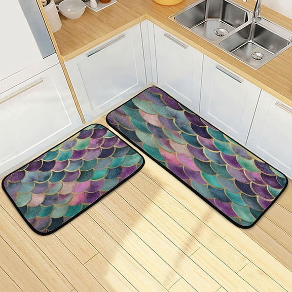 Wobogo Mermaid Scales Kitchen Carpet Set of 2 Absorbent and Stain Resistant Non-slip Star Rubber Backing