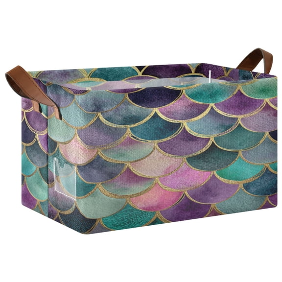 Wobogo Mermaid Scales Storage Basket 16.9×11.4×10in Collapsible Oversized with Metal Iron Frame