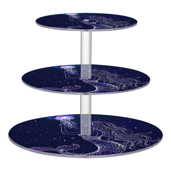 Wobogo Mermaid and Jellyfish 3 Tier Acrylic Cake Stand with Clear Round Hold for Wedding Holiday Birthday Baby Shower Tea Party