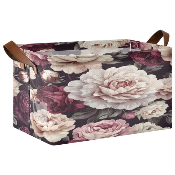 Wobogo Milk White Peony Storage Basket 16.9×11.4×10in Collapsible Oversized with Metal Iron Frame