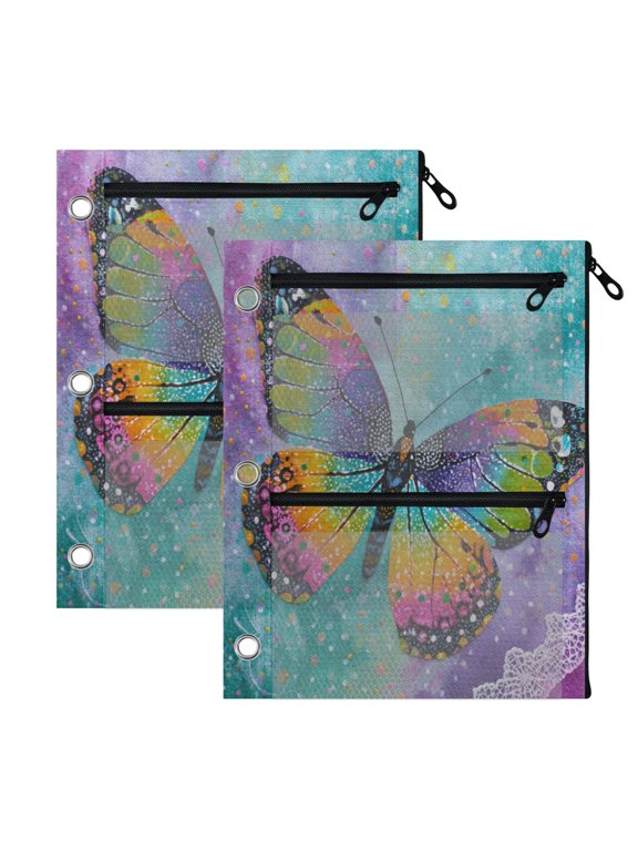 Wobogo Monarch Butterfly 3 Ring Binder Pencil Pouch 2 Pack, Zipper Binder Pencil Case with Clear Window for Classroom Office Supplies