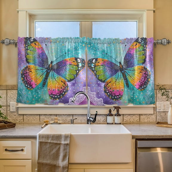 Wobogo Monarch Butterfly Kitchen Curtains 2 Piece Set Symmetrical Design Light Filtering Small Window Drapes Suitable for Bathroom Laundry Room and RV 57x24in