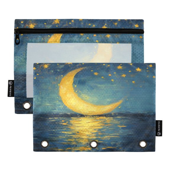 Wobogo Moon Stars Oil Painting Pattern Pencil Pouch with 3 Ring Binder Holes Set of 2 for Learning Tools