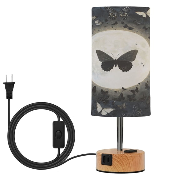 Wobogo Moonlight Butterfly Bedside Lamp Touch Control Table Lamp with USB A+C Charging Ports & AC Outlet 3-Way Dimmable Nightstand Lamp with Linen Fabric Shade for Bedroom Living Room