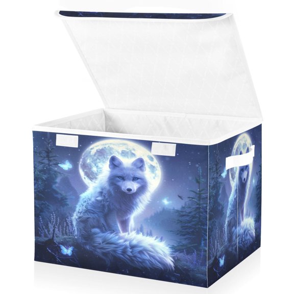 Wobogo Moonlight White Fox Large Collapsible Storage Box Flip Lid Fabric Decorative Organizer Container Basket with Handles 16.512.611.8in