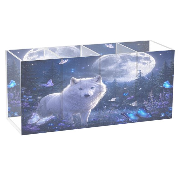 Wobogo Moonlight White Wolf Acrylic Pen Holder 4 Compartments Clear Pencil Organizer Makeup Brush Storage Case