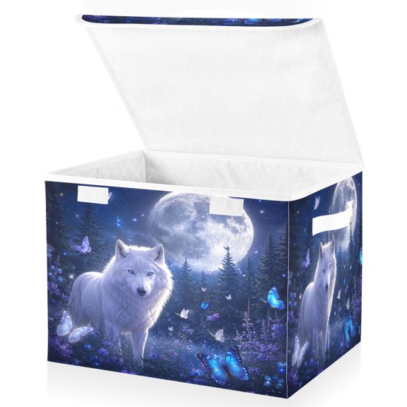Wobogo Moonlight White Wolf Large Collapsible Storage Box Flip Lid Fabric Decorative Organizer Container Basket with Handles 16.512.611.8in