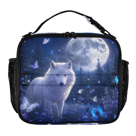 Wobogo Moonlight White Wolf Lunch Bag with Insulated Aluminum Lining, Adjustable Shoulder Strap, Leak Resistant Cooler Tote for Work School Travel