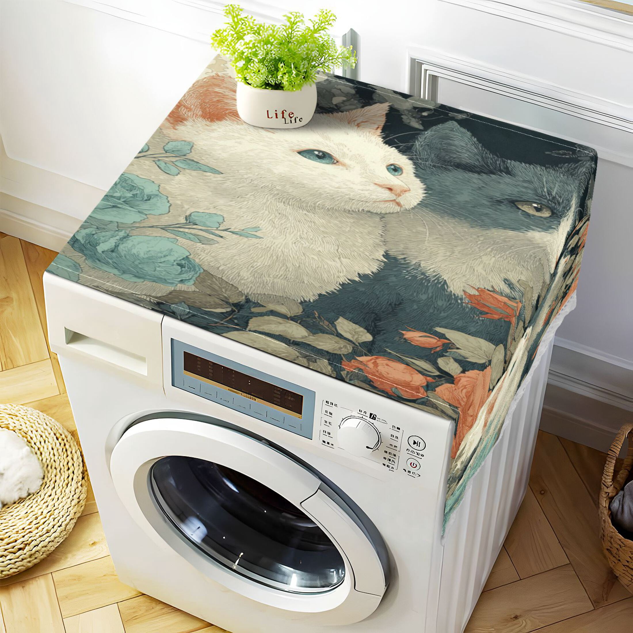 Wobogo Moonlit Cat Roses Washing Machine Cover Dustproof Washer Dryer Cover Waterproof Laundry Room Decorative Protector