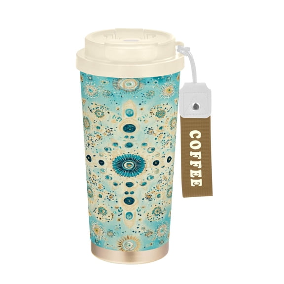 Wobogo Moroccan Style Pattern Double Drinking Coffee Cup Insulated Mug with Food-grade 316 Stainless Steel Beige Lid