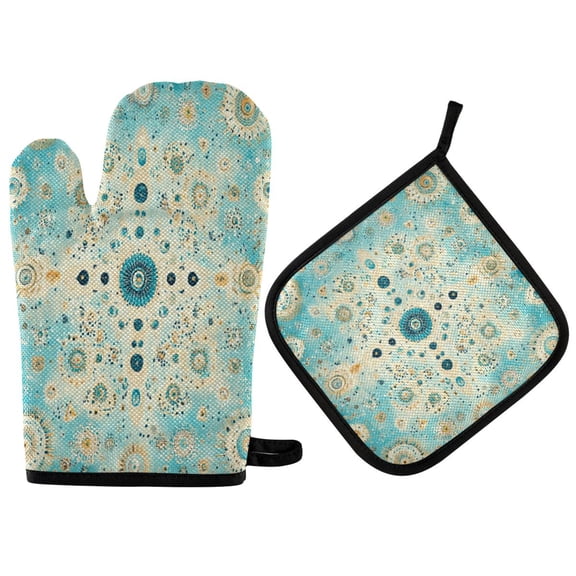 Wobogo Moroccan Style Pattern Oven Mitts and Pot Holders 2pcs Set Kitchen Oven Glove High Heat Resistant 200 Degree Surface for Cooking