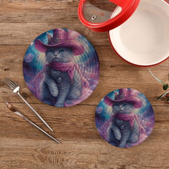 Wobogo Mystery Kitten Trivets Potholders Set of 2 Cotton Woven Round Hot Plate Mats for Hot Dishes Bowls Teapots