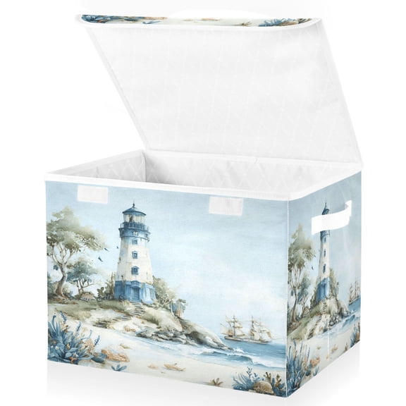 Wobogo Nautical Beach Large Collapsible Storage Box Flip Lid Fabric Decorative Organizer Container Basket with Handles 16.512.611.8in