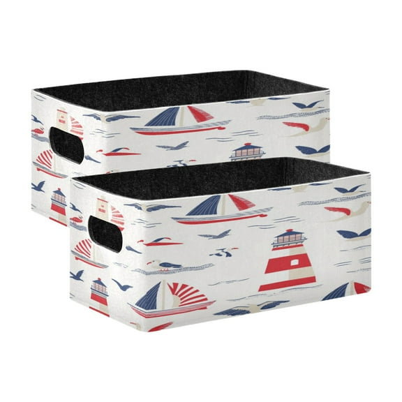 Wobogo Nautical-themed Seamless Pattern with Boats Decorative Folding Storage Basket Set of 2 for Desktop Bedroom Living Room Dressing Table