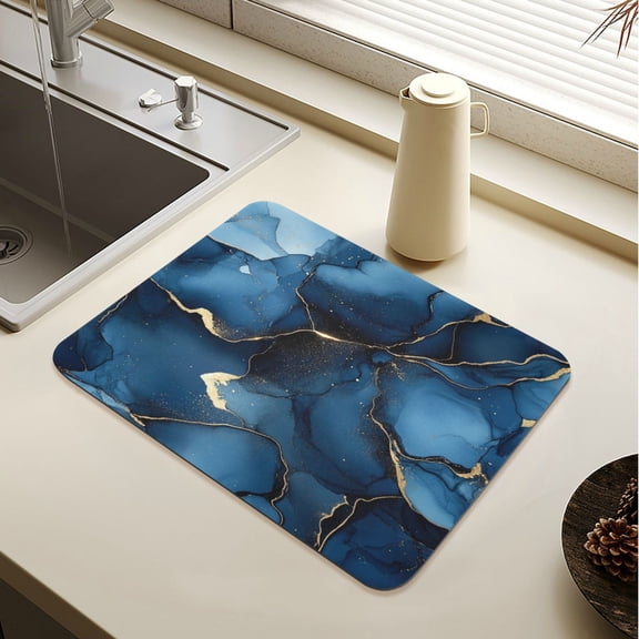 Wobogo Navy Blue Gilt Marbles Dish Drying Mats Diatomaceous Earth Super Absorbent Non-slip Rubber Sole 15.7×11.8in