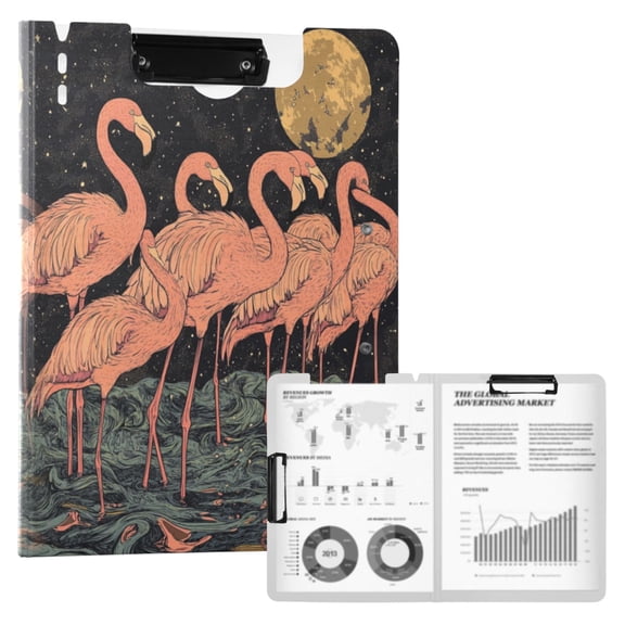 Wobogo Night Sky Flamingo Pattern A4 Foldable Clipboard with Horizontal and Vertical Double Metal Clips 360 Degree Foldable Binder Clipboards with Pen Holder