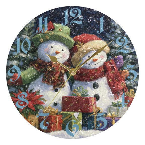 Wobogo Night Sky Snowman Wall Clock 10in Silent Mechanism Battery Operated Retro Style for Living Room Bedroom and Kitchen Gold Pointer