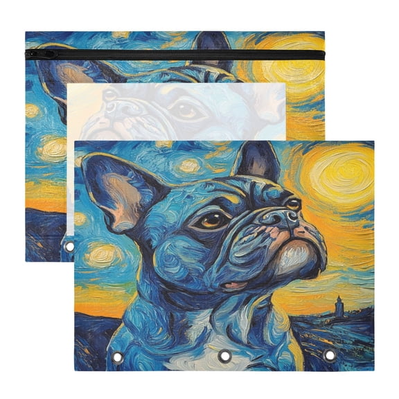 Wobogo Oil Painting Styles Bulldog A4 Size Clear Polyester File Pocket Set of 2 Zipper Home Work Office Organizer