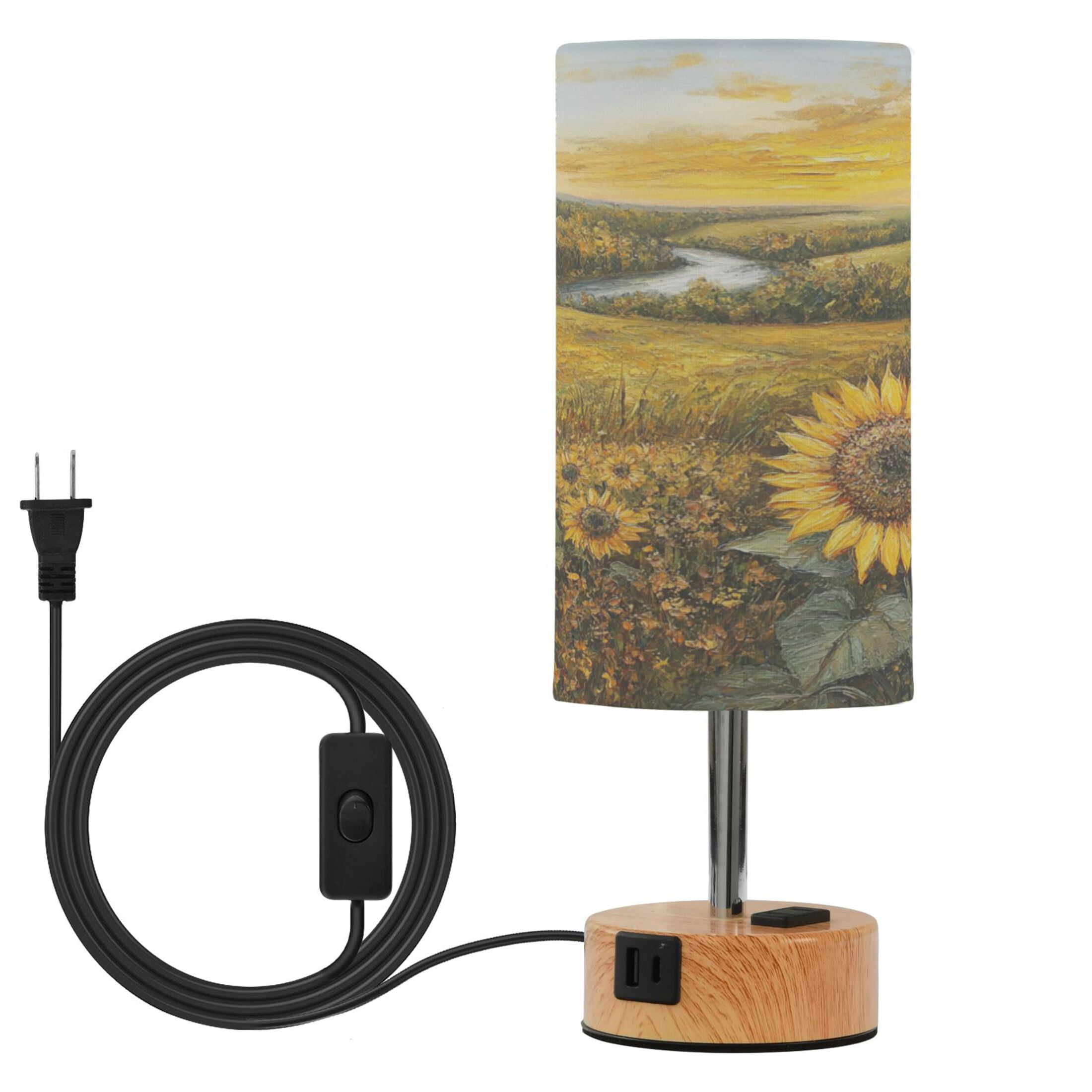 Wobogo Oil Painting Of Sunflower Bedside Lamp Touch Control Table Lamp with USB A+C Charging Ports & AC Outlet 3-Way Dimmable Nightstand Lamp with Linen Fabric Shade for Bedroom Living Room