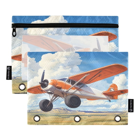 Wobogo Orange Airplane Pencil Pouch with 3 Ring Binder Holes Set of 2 for Learning Tools