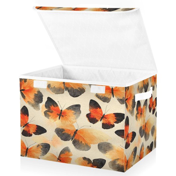 Wobogo Orange Black Butterfly Large Collapsible Storage Box Flip Lid Fabric Decorative Organizer Container Basket with Handles 16.512.611.8in