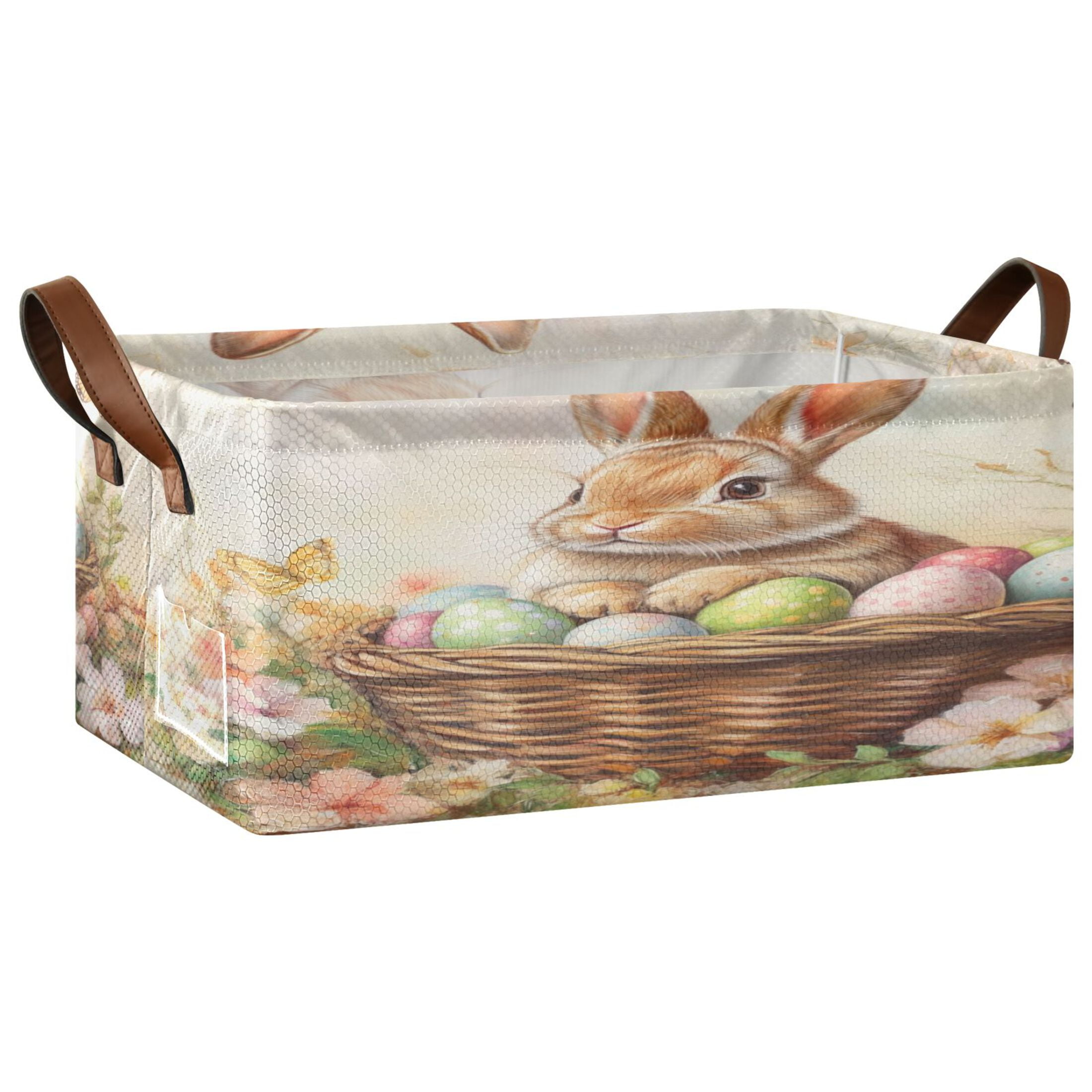 Wobogo Orange Easter Rabbit Storage Basket Soccer Plaid Fabric Oversized Collapsible Hoard Box with Metal Iron Frame 16.9×11.4×7.7in