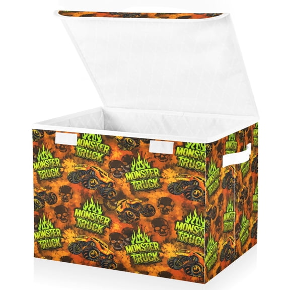 Wobogo Orange Monster Truck Large Collapsible Storage Box Flip Lid Fabric Decorative Organizer Container Basket with Handles 16.512.611.8in