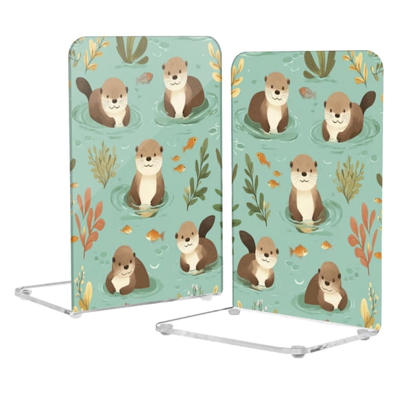 Wobogo Otter Fish Seaweed Acrylic Bookends Clear L-Shaped Book Holder with Non-Slip Pads for Books Files Magazines CD DVD 5.44.18.1in