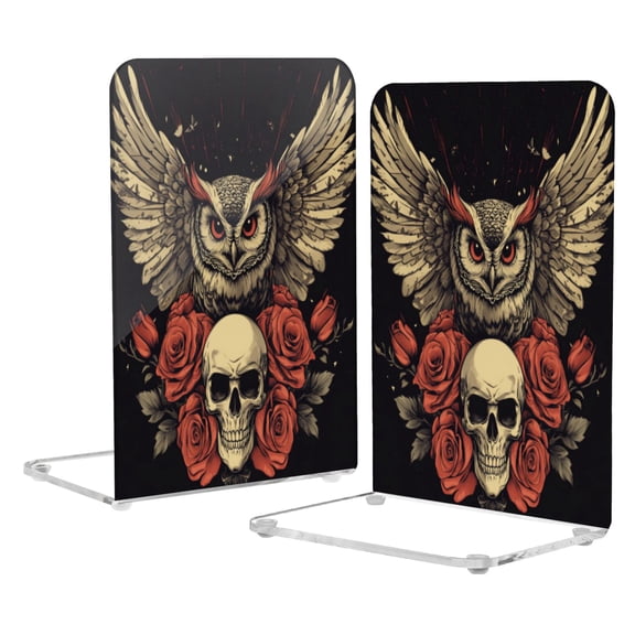 Wobogo Owl Holding Skull Pattern Acrylic Bookends Clear L-Shaped Book Holder with Non-Slip Pads for Books Files Magazines CD DVD 5.44.18.1in