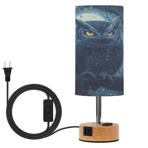 Wobogo Owl in The Moonlight Pattern Bedside Lamp Touch Control Table Lamp with USB A+C Charging Ports & AC Outlet 3-Way Dimmable Nightstand Lamp with Linen Fabric Shade for Bedroom Living Room