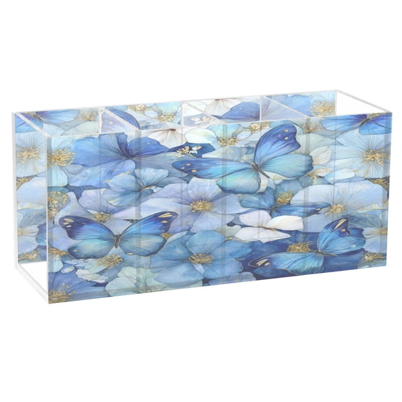 Wobogo Pale Blue Butterfly Acrylic Pen Holder 4 Compartments Clear Pencil Organizer Makeup Brush Storage Case