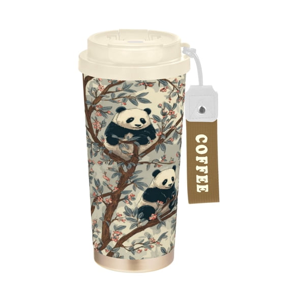 Wobogo Panda Pattern Double Drinking Coffee Cup Insulated Mug with Food-grade 316 Stainless Steel Beige Lid