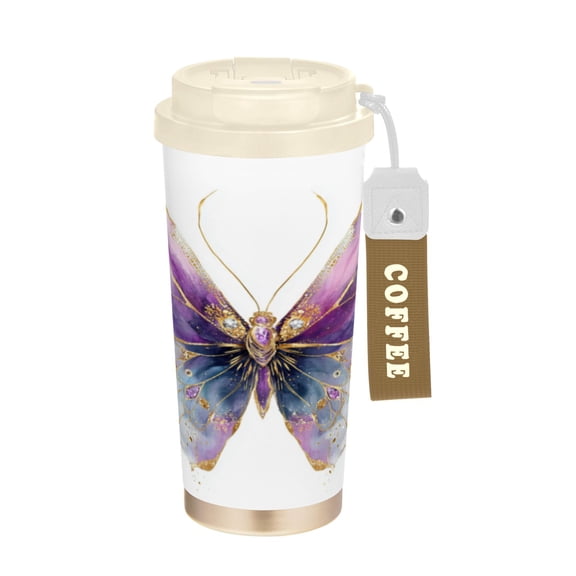 Wobogo Pastel Butterfly Double Drinking Coffee Cup Insulated Mug with Food-grade 316 Stainless Steel Beige Lid