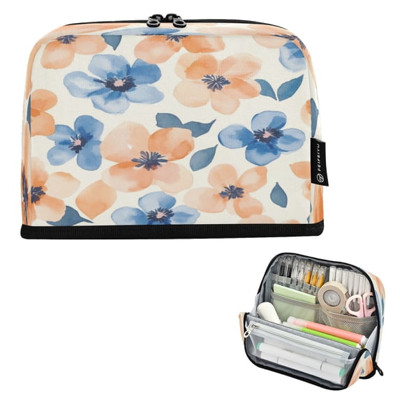 Wobogo Pastel Peach and Blue Flowers Large Capacity Durable Zippered Pencil Case Portable Stationery Storage Organizer Bag for Study Office Travel
