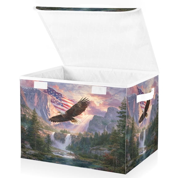 Wobogo Patriotic Eagle Mountain Large Collapsible Storage Box Flip Lid Fabric Decorative Organizer Container Basket with Handles 16.512.611.8in