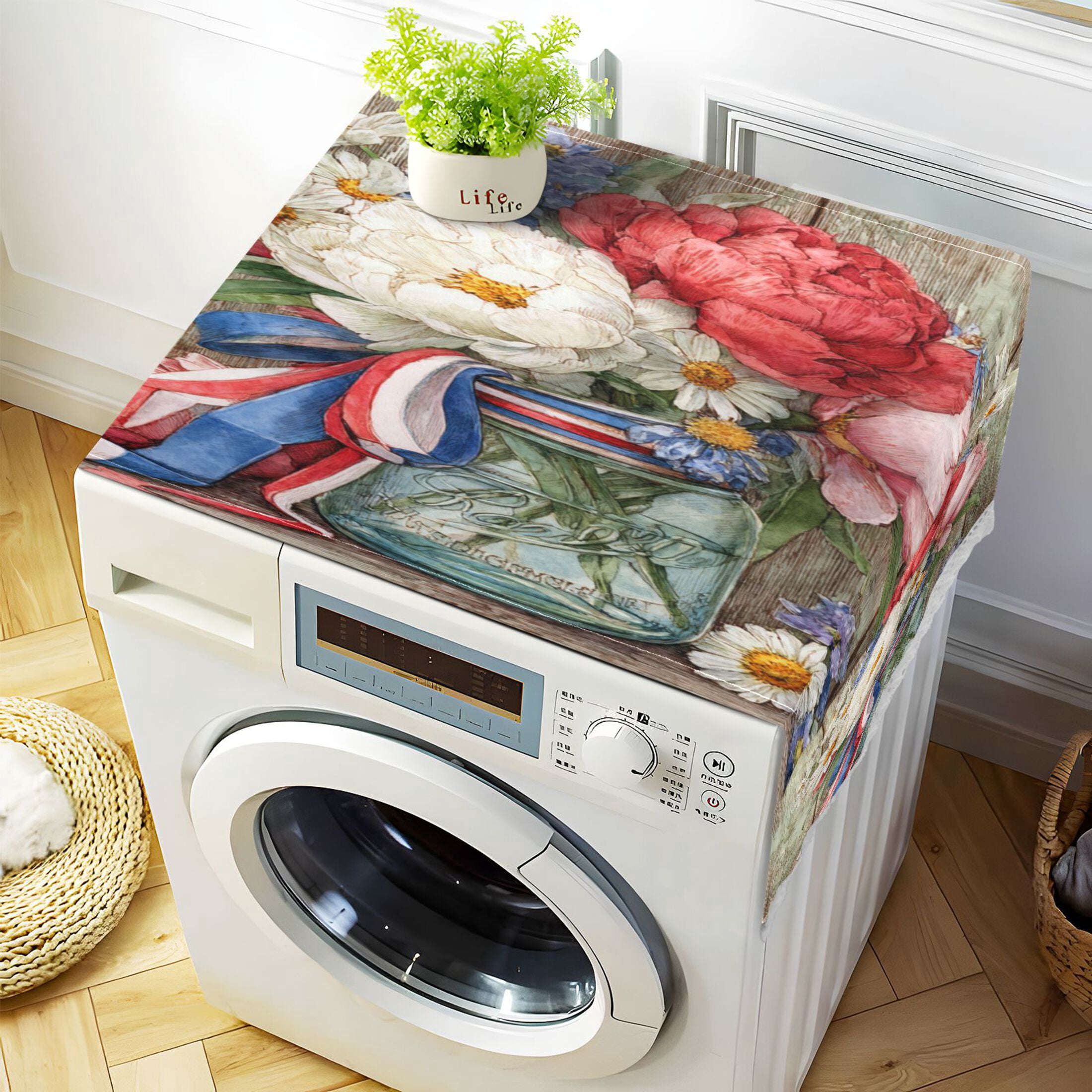 Wobogo Patriotic Floral Washing Machine Cover Dustproof Washer Dryer Cover Waterproof Laundry Room Decorative Protector