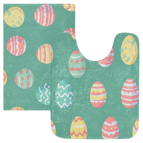 Wobogo A Pattern Of Colorful Easter Eggs U-Shaped Toilet Bath Mat Set Super Soft Absorbent Quick Dry Memory Foam Non Slip Bathroom Rugs for Tub Shower and Single Sink