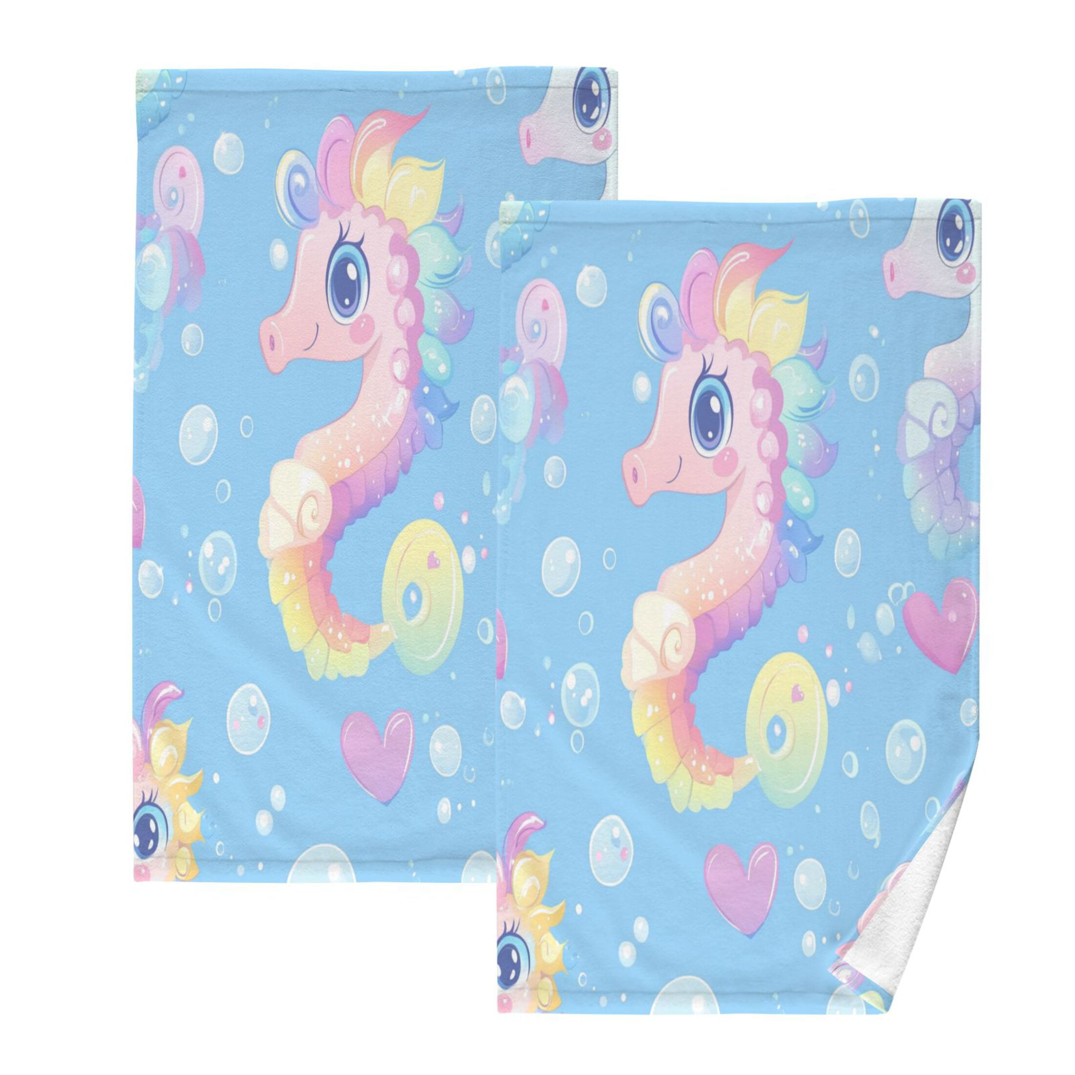 Wobogo Pattern Featuring Cute Baby Seahorses 100% Cotton Towel 2 Pieces Set Super Soft and Highly Absorbent Suitable for Bathroom Gym Travel Camping Pool