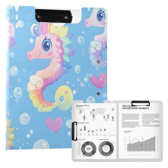 Wobogo Pattern Featuring Cute Baby Seahorses A4 Foldable Clipboard with Horizontal and Vertical Double Metal Clips 360 Degree Foldable Binder Clipboards with Pen Holder