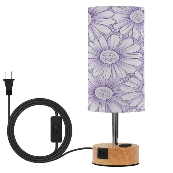 Wobogo A Pattern with Pale Purple Daisies Bedside Lamp Touch Control Table Lamp with USB A+C Charging Ports & AC Outlet 3-Way Dimmable Nightstand Lamp with Linen Fabric Shade for Bedroom Living Room
