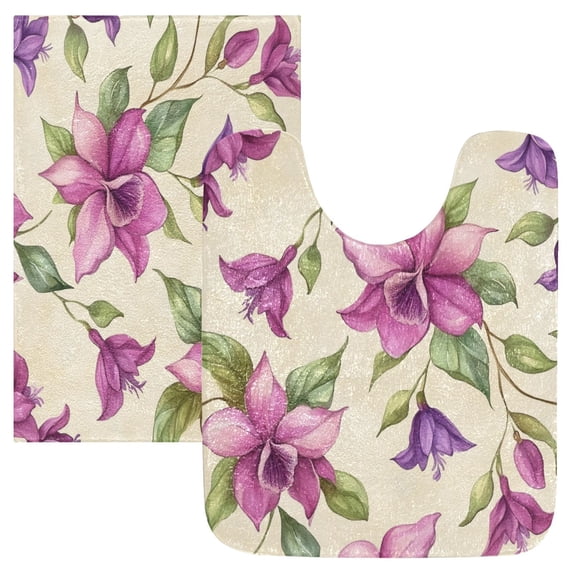 Wobogo A Pattern with Watercolor Fuchsia Orchids U-Shaped Toilet Bath Mat Set Super Soft Absorbent Quick Dry Memory Foam Non Slip Bathroom Rugs for Tub Shower and Single Sink
